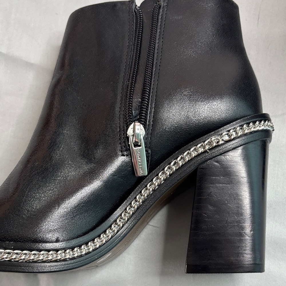 Vince Camuto Black Leather Peep-Toe Ankle Boots with Chain Trim - Picture 4 of 5
